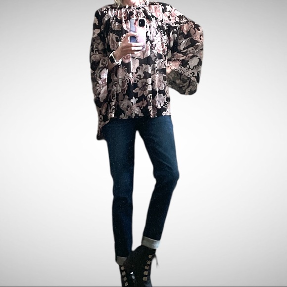 Loft Black Floral Boho Peasant Blouse L - Picture 1 of 12